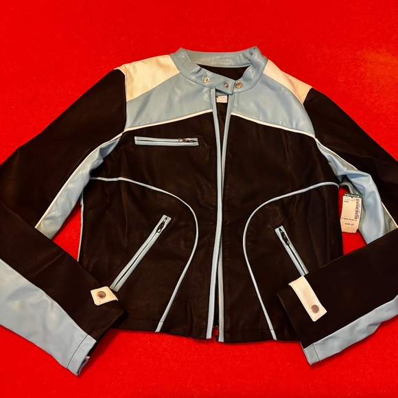 Daisy Street black blue and white faux leather colour block biker jacket NWT - Picture 3 of 13